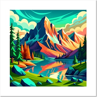 Painting Of A Mountain Lake With A Mountain Posters and Art